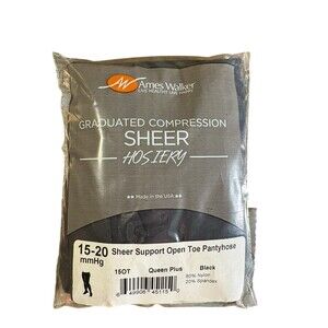 Ames Walker Graduated Compression Sheer Hosiery Open Toe 15-20 mmHg Black Queen+